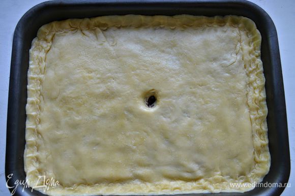 Из меньшей части теста раскатайте пласт для верха пирога. Накройте начинку тестом и защипните края. В центре сделайте небольшое отверстие для выхода пара.