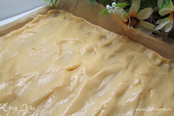 Противень (35×32) застелить пекарской бумагой. смазать растительным маслом. Выложить тесто и размазать его руками или ложкой по поверхности.