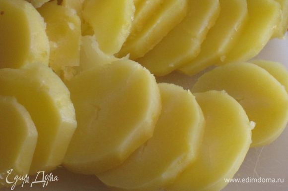 Картофель отварить в мундире до готовности,почистить и нарезать тонкими кружочками.