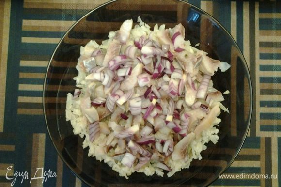 Итак, все подготовлено, можно начинать собирать салат. Возьмите крупную терку. Первым слоем на дно салатника натрите картофель. Затем выложите часть селедки, сверху — лук. Полейте небольшим количеством растительного масла.