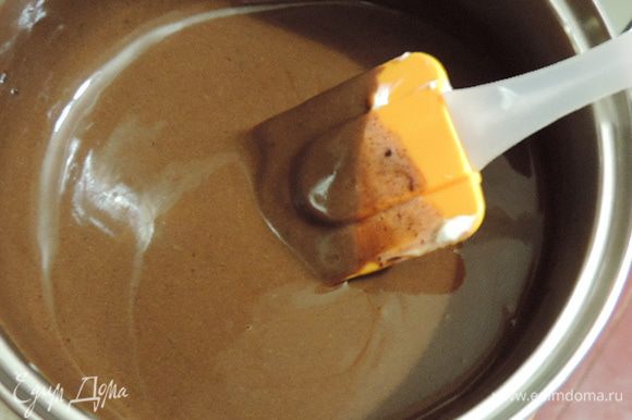 Пока бисквит печется, в ковшик положим шоколад и сметану и на среднем огне при постоянном помешивании растопим шоколад.