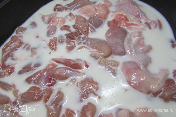 Подготовленное куриное мясо выложить в миску, залить молоком, добавить чеснок и все хорошо перемешать. Отправить в холодильник на 2 часа.
