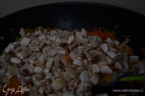 На сковороде обжарить лук, морковь, грибы. Довести до готовности.