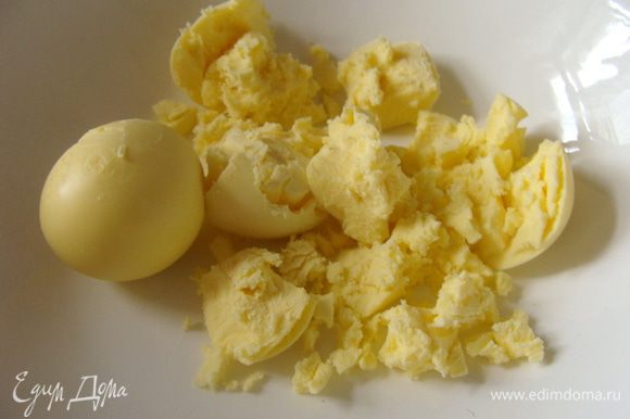 Вареные яичные желтки размять вилкой, с солью и перцем.