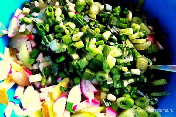 Смешиваем овощи, зелень, белки.