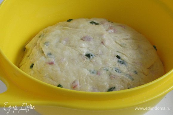 Скатать тесто в шар, смазать оливковым маслом. Накрыть миску пищевой пленкой и оставить тесто в теплом месте на 1 час. Обмять тесто и оставить для еще одного подхода, 45 минут.
