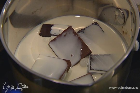 Приготовить глазурь: шоколад поломать на кусочки, выложить в небольшую кастрюлю, влить молоко и растопить на небольшом огне.