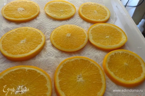 Вымоченные апельсины выложить на полотенце, обсушить и опять поместить на сковороду. Залить сиропом и поставить на очень маленький огонь.