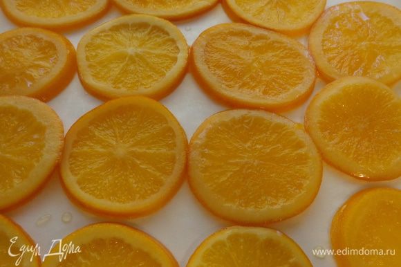 Апельсины выложить на противень, застеленный бумагой для выпечки и поместить в духовку минут на 30 при 100 градусах. Так они примут красивый карамельно-прозрачный вид.