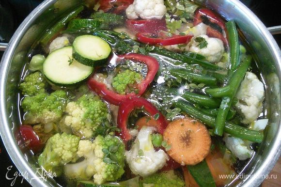 Залить бульоном, добавить овощи и медленно довести до кипения. Добавить листики тимьяна. Кастрюлю накрыть крышкой и варить суп на медленном огне 10-15 мин.