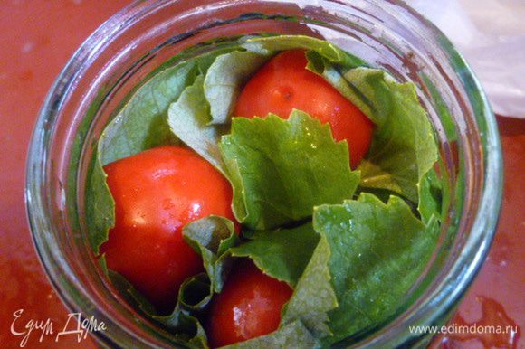 Укладываем помидоры как можно плотнее. Кстати, можно просто чередовать помидоры с листьями (по 3-4 штуки, через каждый слой помидор.