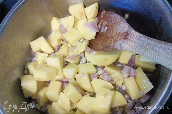 Шалот и картофель очистить, нарезать кубиком. Имбирь тоже порубить, но помельче. Всё обжарить прямо в кастрюле на разогретом масле до лёгкого "румянца".