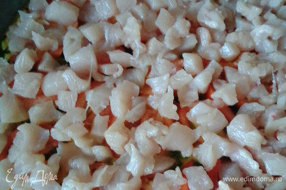 Нарезать мелкими кубиками куриное филе, отправить поверх помидор, соль, перец, прованские травы по вкусу (у меня итальянские травки).