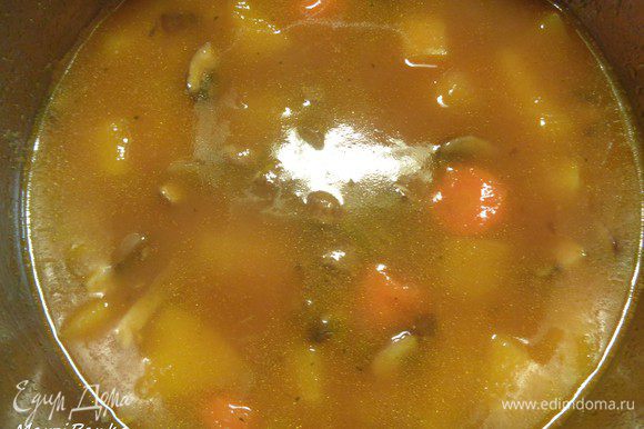 Когда закончатся 10 минут, поставленные на таймере, добавляем к супу морковь, картофель и перец чили. И варим суп на небольшом огне еще 10 минут. В конце варки солим, перчим, добавляем кориандр и мускатный орех.