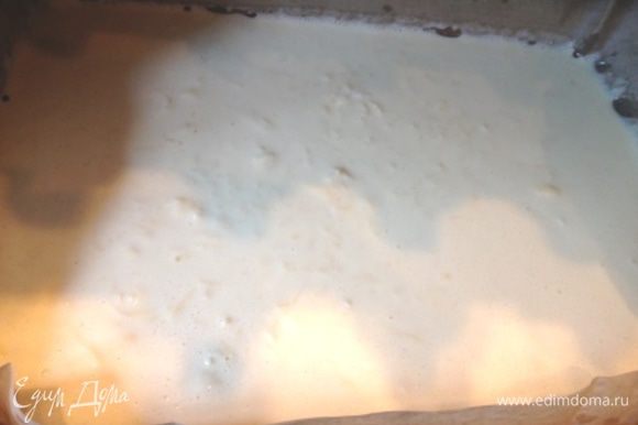 Противень (у меня 30х25, можно и чуть побольше) застелить бумагой, смазать растительным маслом. Вылить тесто.