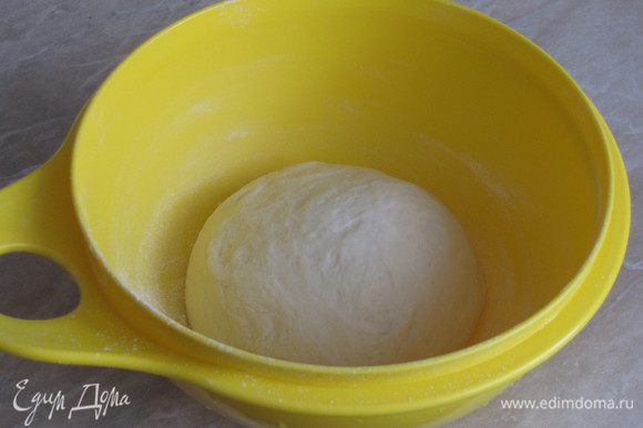 В миску просеять муку, добавить соль, сахар, оливковое масло (можно растительное). Влить воду с дрожжами и замесить мягкое тесто. Тесто месить минут десять, пока не перестанет липнуть к рукам. Собрать тесто в шар и положить в миску, подпыленную мукой. Накрыть тесто пленкой или полотенцем, убрать в теплое место для подъема.