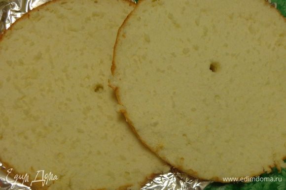 Разрезать бисквит на пласты, пропитать их сиропом с коньяком (опционно), промазать кремом.