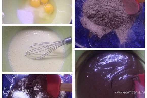 Займемся бисквитом. Разогреваем духовку до 180°C. Взбиваем яйца с сахаром до пышности. В отдельной миске просеиваем, разрыхлитель и какао, смешиваем. Соединяем просеянную муку с яичной смесью.