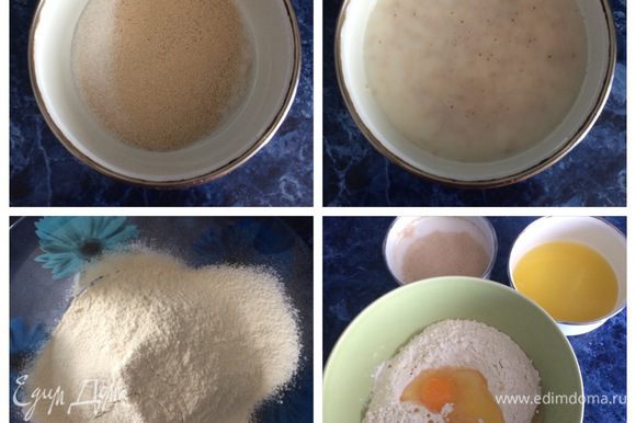 Начнем с теста. Дрожжи всыпать в теплое молоко, добавить сахар и столовую ложку муки размешать и поставить в теплое место на 15 минут до поднятия шапочки. 2 стакана муки всыпать в миску влить растопленное масло, положить яйцо, всыпать соль и влить подошедшие дрожжи размешать ложкой.