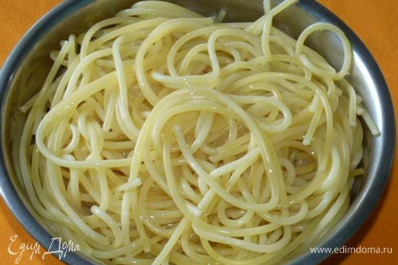 Тем временем спагетти отварить в подсоленной воде (аль-денте), смазать оливковым маслом, остудить.
