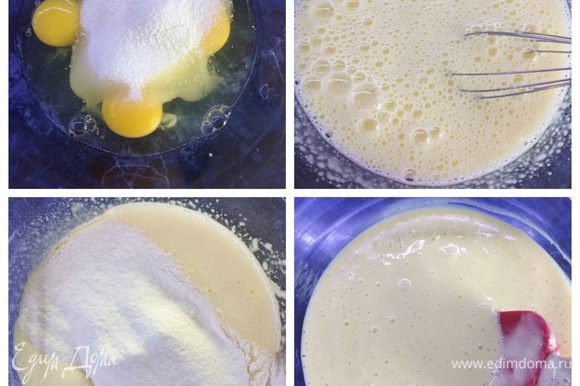 В миске взбиваем яйца, сахар, щепотку соли, разрыхлитель и ванильный сахар. Взбиваем до тех пор, пока масса не побелеет и не загустеет, минут 7 — 10. Затем, просеиваем муку и аккуратными движениями вмешиваем муку. Тесто для бисквита готово.
