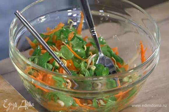 Огурец и морковь выложить в глубокую посуду, сбрызнуть лимонным соком, посолить, поперчить, затем добавить ростки сои, салатные листья, полить оливковым маслом и все перемешать.