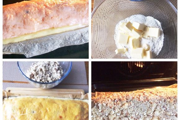 Отправляем форму с пирогом в разогретую до 170°С духовку на 10 минут. Тем временем приготовим последний слой пирога — крошку. Для этого смешиваем миндаль, муку, сахар, ваниль и сливочное масло до получения рассыпчатой массы. Вынимаем пирог из духовки, сверху распределяем крошку и отправляем пирог обратно в духовку на 50 минут.