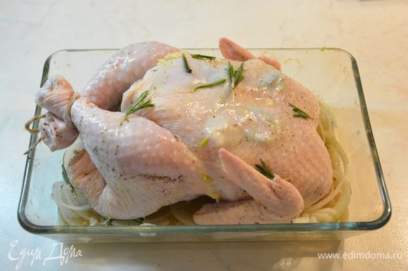 Лук нарезать кольцами и выложить на блюдо для запекания. Сверху выложить курицу тушкой вверх, перевязав ножки. Полить оставшимся лимонным соусом и оливковым маслом. Накрыть фольгой и выпекать в хорошо разогретой духовке при 180 — 200°С 1 час.