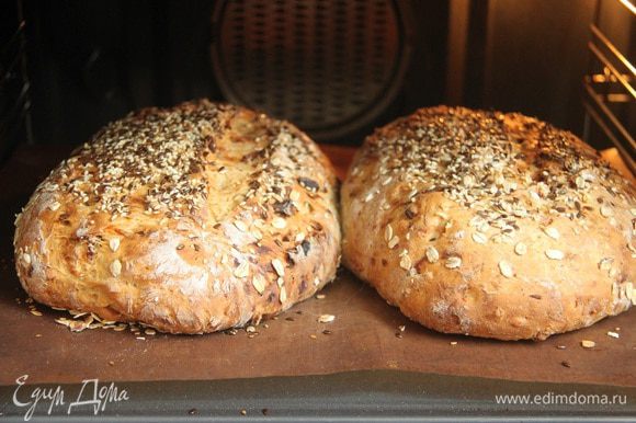 Хлеб выложить на горячий противень, сделать на поверхности хлеба надрезы острым ножом. Выпекать хлеб до готовности (минут 30–35). Дать хлебу остыть на решетке.