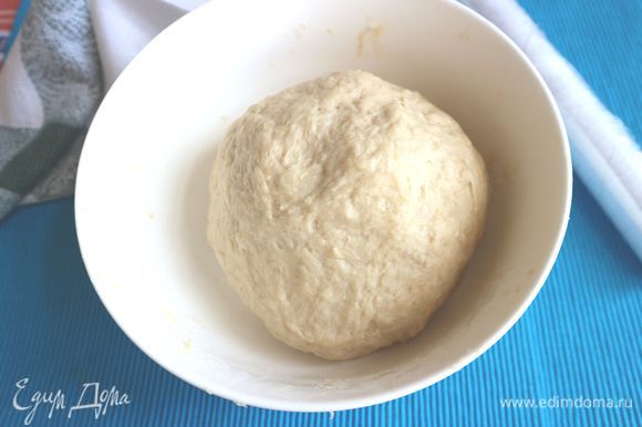 Скатать тесто в шар, положить в смазанную маслом кастрюлю или миску, затянуть пищевой пленкой. Оставить на 1,5-2 часа, пока тесто не увеличится в два раза.