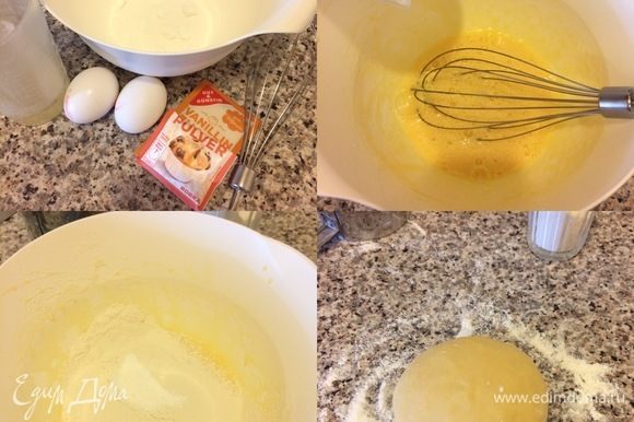 В миске взбить венчиком: сахарную пудру, яйца, ванильный сахар. Затем добавить масло и еще раз взбить. Муку просеять. Начать постепенно добавлять муку, соль, разрыхлитель. Замесить нежное тесто. Муки может уйти меньше.