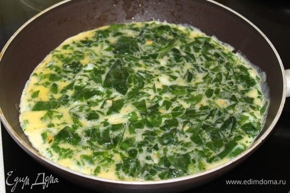 Выложить яичную смесь на раскаленную сковороду, смазанную растительным маслом и испечь блин.