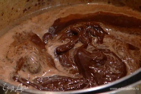 Растопленный шоколад со сливками снять с огня и, перемешивая лопаткой, влить 2 ст. ложки шоколадного ликера.
