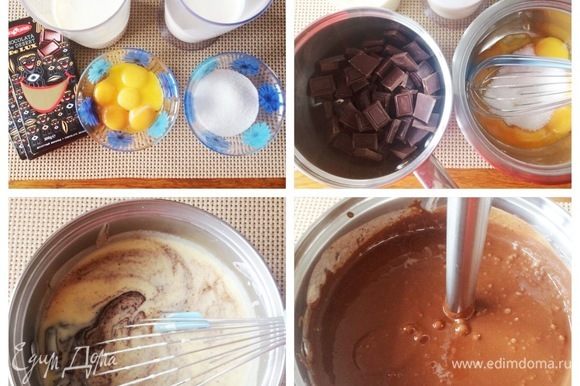 Креме шоколадное: В сотейнике довести сливки и молоко до кипения. Сахар смешать с желтками. Одну часть горячей молочной жидкости добавляем к желткам, перемешиваем. Возвращаем все в сотейник и варим до 82°С. Полученный горячий крем выливаем на поломанный шоколад и все пробиваем погружным блендером. Креме охлаждаем и отправляем в холодильник до сборки торта.