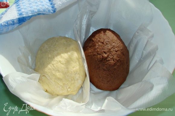 Тесто разделить на две равные части. В одну часть добавить какао-порошок и тщательно замесить. Обе части накрыть полотенцем и поставить в теплое место для подъема.