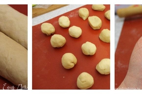 Разделите два вида теста на равные части. Масляное тесто «А» скатайте в шарики, а тесто «В» раскатайте в блинчик толщиной 4–5 мм. Заверните шарики в пресное тесто, защипните края, у вас получится круглый пирожок.