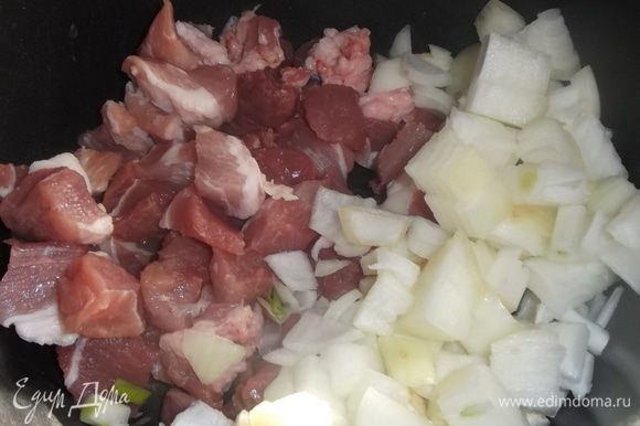 Нарезать свинину и лук, уложить в жаропрочную посуду. Посолить, поперчить.