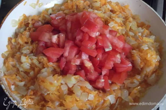 Когда зажарка будет готова, добавьте к ней нарезанные помидоры (можно и без них) и попробуйте на соль. Тушите еще при закрытой крышке до готовности томатов.