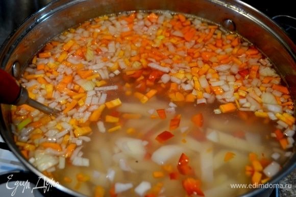Даем воде закипеть и опускаем картофель, затем морковь, болгарский перец, лук, соль.