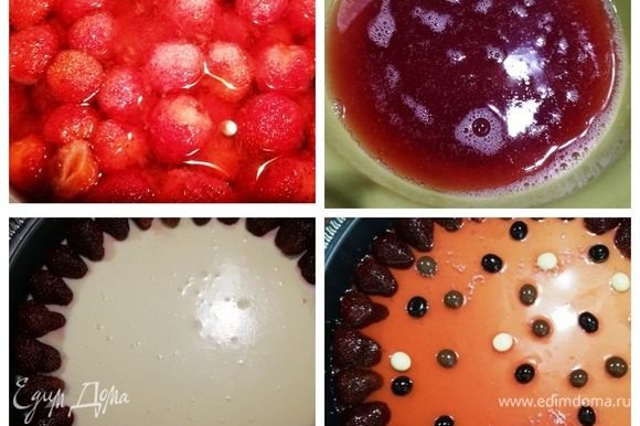 Готовим верхний слой. Ягоды клубники засыпаем сахаром, провариваем несколько минут. Процеживаем сироп, добавляем подготовленный ванилин. Можете взять готовое желе. По кругу чизкейка укладываем половинки ягод. В начинку я положила красную клубнику, а украшала другим сортом ягод — черной (она менее водянистая). Аккуратно наносим желе поверх ягод и по всей поверхности торта. Украсить можете по желанию. Я выложила зерна кофе в шоколаде.