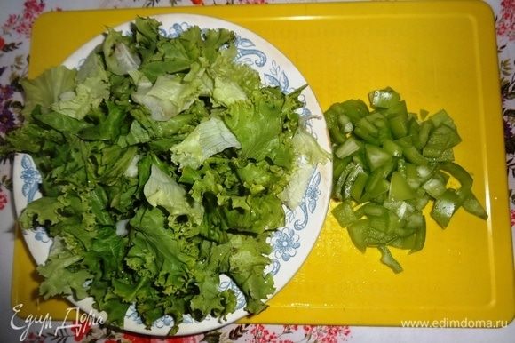 Листья салата и перец вымыть, обсушить. Салатные листья порвать руками. У перца удалить семена и нарезать его небольшими кусочками.
