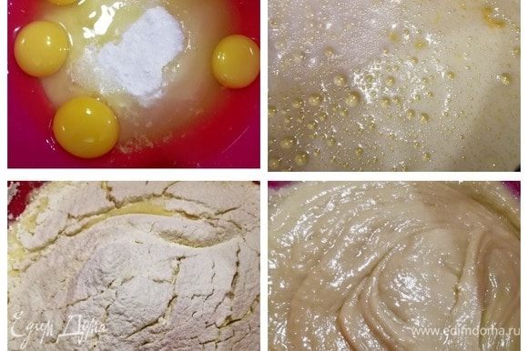 Новое в нашем пироге только оформление. Остальные ингредиенты классические. В миску всыпаем сахар, разбиваем 4 яйца, у пятого отделяем белок и пока его не используем, желток добавляем к остальным яйцам. Смешиваем 5 минут при помощи миксера. Добавляем ванилин, гашеную соду, растопленное сливочное масло (маргарин) и соль. Перемешиваем и всыпаем просеянную муку. Смешиваем тесто лопаткой. Половину тесто перекладываем в отдельную емкость.