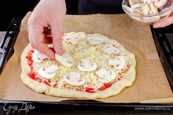 Раскатайте тесто в круг, выложите на него помидоры с маслом и солью, сыр и грибы.