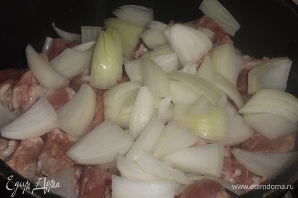 Свинину и лук нарезать. В сотейник налить две столовые ложки растительного масла.