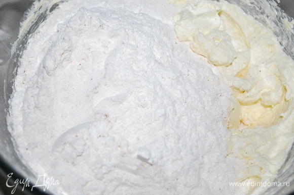 Муку соедините с солью, разрыхлителем, содой, корицей и мускатным орехом. Просейте на масляно-яичную массу и все хорошо перемешайте.