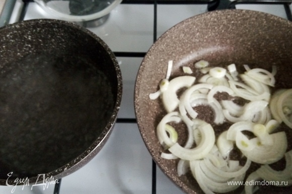 Ставим на плиту сковороду с подсолнечным маслом (отправляем туда репчатый лук) и сотейник с водой, которую доводим до кипения.