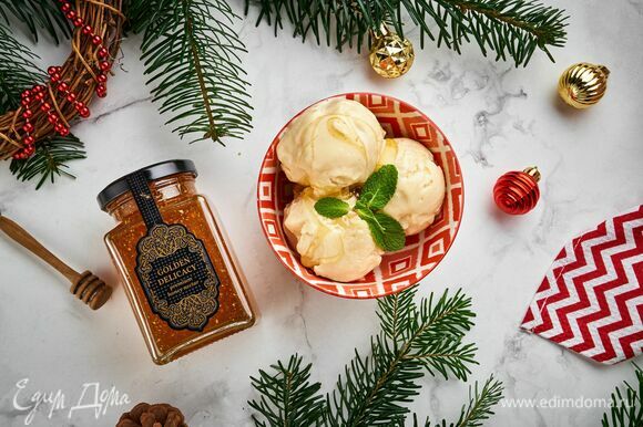 Готовое домашнее мороженое переложите в креманки и украсьте изысканным медовым деликатесом Golden delicacy ТМ «Мусихин. Мир мёда».