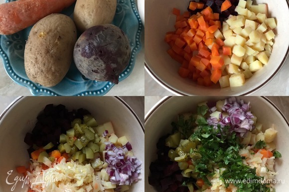 Картофель, морковь и свеклу хорошо вымыть (лучше потереть щеткой), отварить до готовности и остудить. Потом овощи нарезать кубиками и переложить в глубокую салатницу. Капусту отжать, мелко нарезать и выложить к овощам. Добавить нарезанный лук, огурец и кинзу. Затем — перец и соль по вкусу. Перемешать.