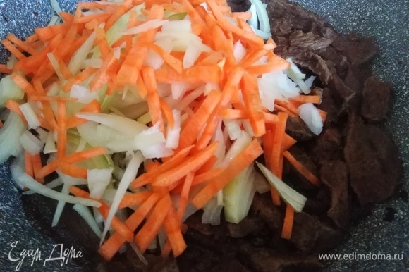Нарезать, припустить на сковороде до испарения жидкости. Посолить, добавить перец, лук и морковь.
