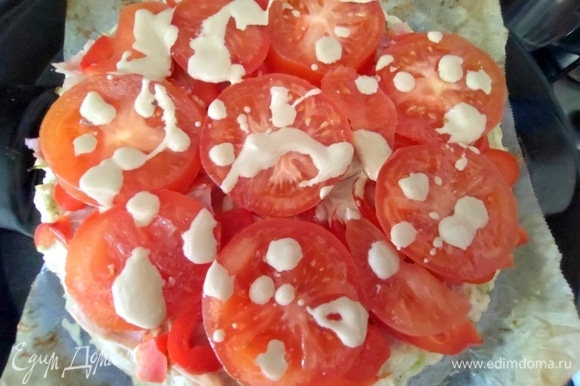 Выложить помидоры на паприку и полить остатками соуса.
